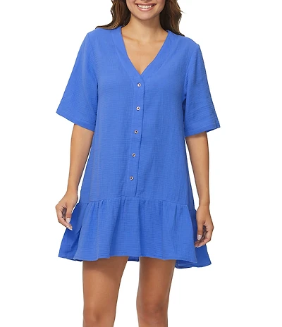 Raisins Solid Sol Flowy V-Neck Ruffle Hem Swim Cover-Up Dress