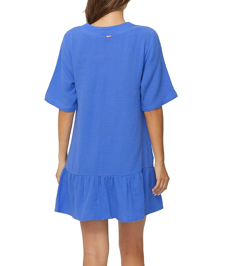 Raisins Solid Sol Flowy V-Neck Ruffle Hem Swim Cover-Up Dress