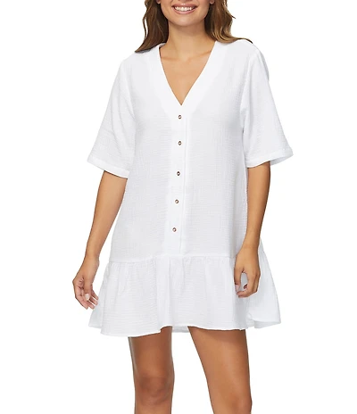 Raisins Solid Sol Flowy V-Neck Ruffle Hem Swim Cover-Up Dress
