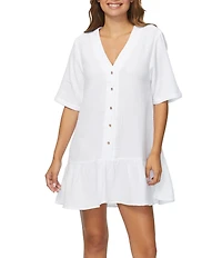 Raisins Solid Sol Flowy V-Neck Ruffle Hem Swim Cover-Up Dress