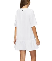 Raisins Solid Sol Flowy V-Neck Ruffle Hem Swim Cover-Up Dress
