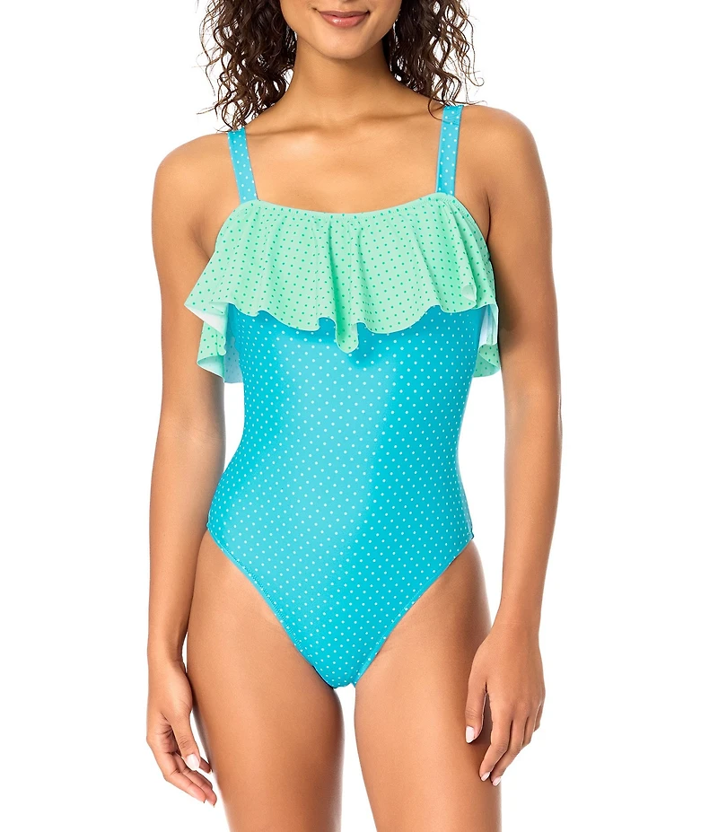 Raisins Twin Dots Ruffle Straight Neck One Piece Swimsuit