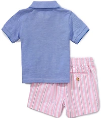 Ralph Lauren Baby Boys Short Sleeve Oxford Mesh Polo Shirt & Striped Shorts Set