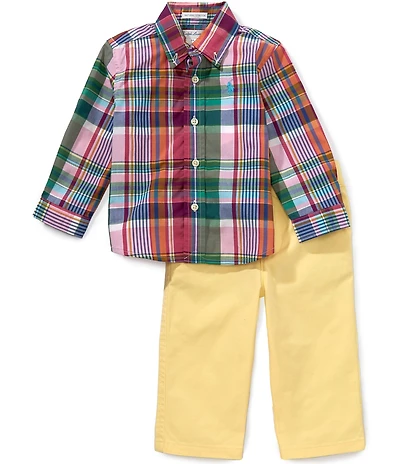 Ralph Lauren Baby Boys Long-Sleeve Plaid Poplin Shirt & Flex Abrasion Pants Set