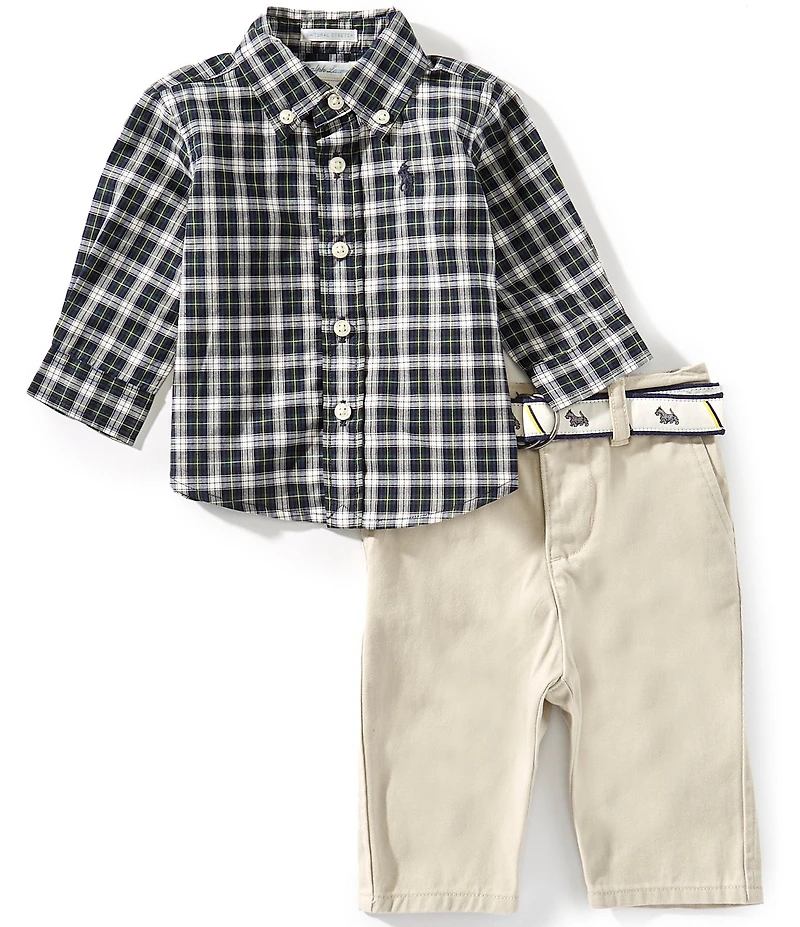 Ralph Lauren Baby Boys Long Sleeve Plaid Shirt & Belt Canvas Pant Set