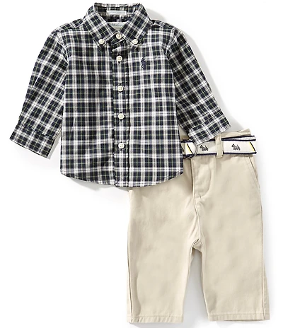 Ralph Lauren Baby Boys Long Sleeve Plaid Shirt & Belt Canvas Pant Set
