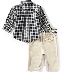 Ralph Lauren Baby Boys Long Sleeve Plaid Shirt & Belt Canvas Pant Set