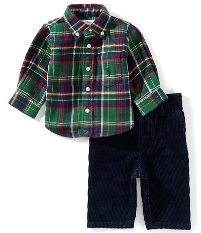 Ralph Lauren Baby Boys Long-Sleeve Plaid Woven Shirt & Corduroy Pant Set