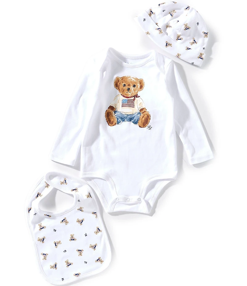 Ralph Lauren Baby Boys Polo Bear Long Sleeve Bodysuit, Beanie, & Bib Cotton 3-Piece Gift Set