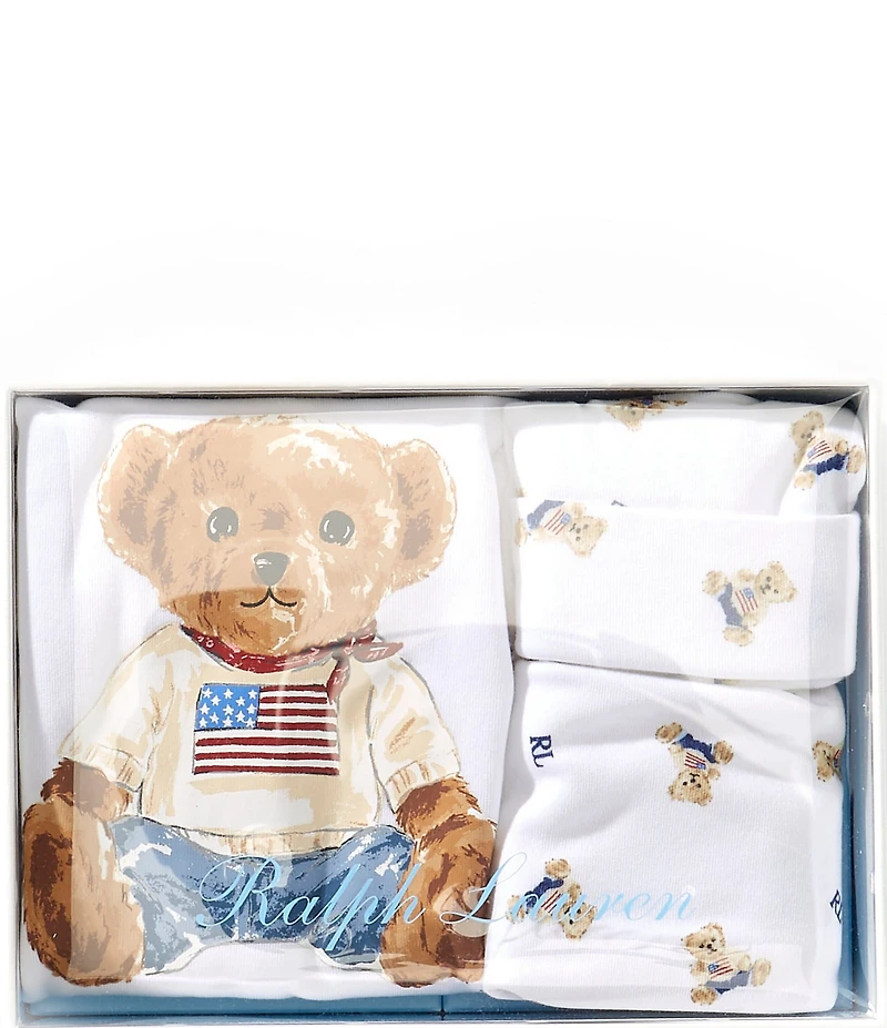 Ralph Lauren Baby Boys Polo Bear Long Sleeve Bodysuit, Beanie, & Bib Cotton 3-Piece Gift Set