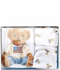 Ralph Lauren Baby Boys Polo Bear Long Sleeve Bodysuit, Beanie, & Bib Cotton 3-Piece Gift Set