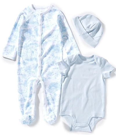 Ralph Lauren Baby Boys Toile Print Cotton Long Sleeve Coverall, Bodysuit, & Beanie 3-Piece Gift Box Set