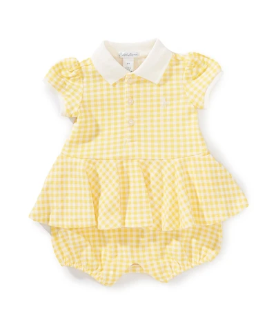 Ralph Lauren Baby Girls Puffed-Sleeve Gingham Mesh Bubble Romper