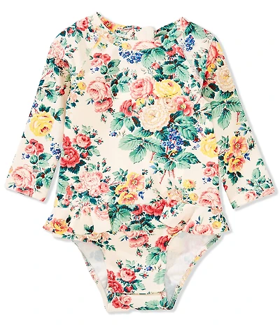 Ralph Lauren Baby Girls Raglan-Sleeve Floral-Printed Ruffled One-Piece Rashguard Swimsuit