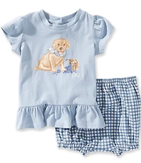 Ralph Lauren Baby Girls Cotton Dog-Print Puff Short Sleeve T-Shirt & Gingham Bloomers Set