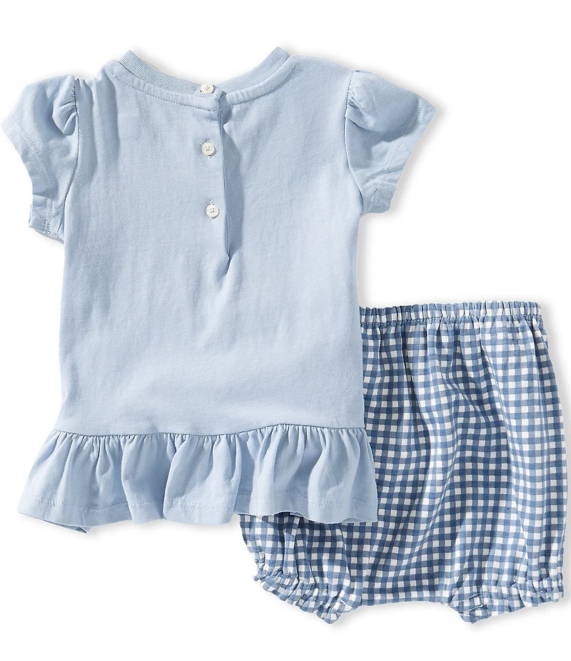Ralph Lauren Baby Girls Cotton Dog-Print Puff Short Sleeve T-Shirt & Gingham Bloomers Set