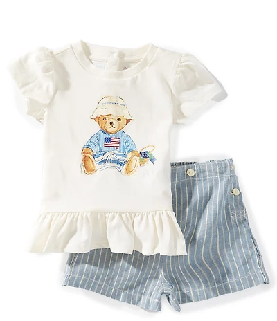Ralph Lauren Baby Girls Polo Bear Tee & Linen-Cotton Shorts Set