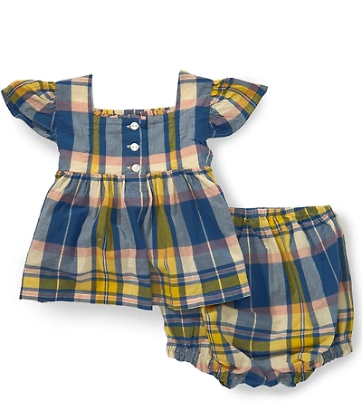 Ralph Lauren Baby Girls Puffed-Flutter-Sleeve Plaid Smocked Top and Bloomer Set