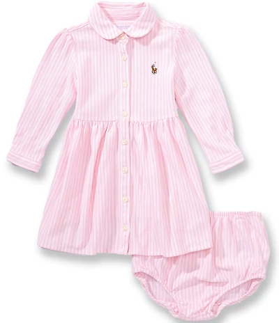 Ralph Lauren Baby Girls Puff Long Sleeve Stripe Knit Oxford Dress