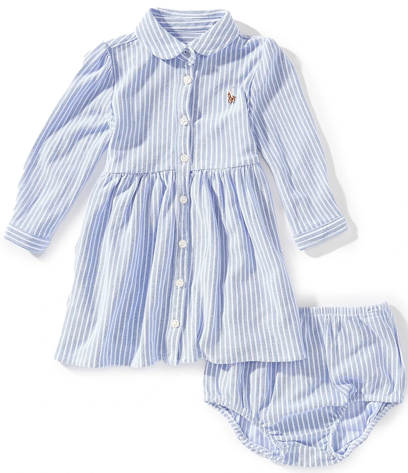 Ralph Lauren Baby Girls Puff Long Sleeve Stripe Knit Oxford Dress