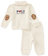Ralph Lauren Baby Girls Puffed Sleeve Logo Fleece Cardigan & Pant Set