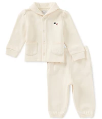 Ralph Lauren Baby Girls Puffed Sleeve Logo Fleece Cardigan & Pant Set