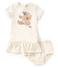 Ralph Lauren Baby Girls Short Sleeve Patchwork Bear Drop Waist Dress