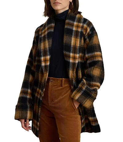 Ralph Ralph Lauren Plaid Wool Blend Shawl Collar Long Sleeve Wrap Coat