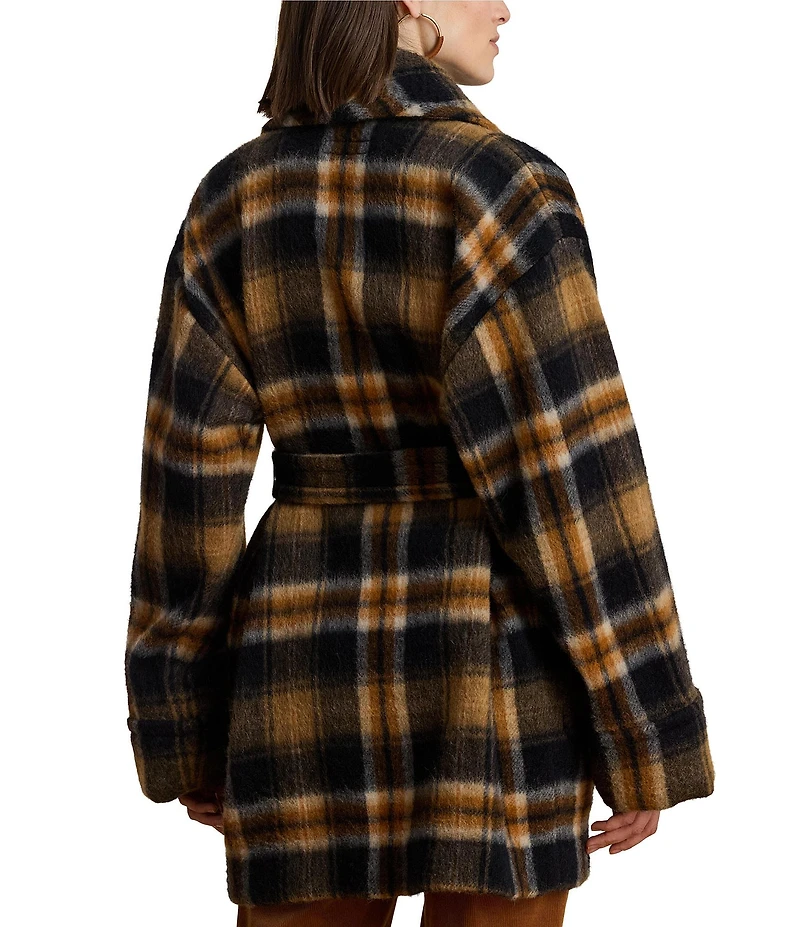 Ralph Ralph Lauren Plaid Wool Blend Shawl Collar Long Sleeve Wrap Coat