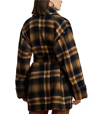 Ralph Ralph Lauren Plaid Wool Blend Shawl Collar Long Sleeve Wrap Coat