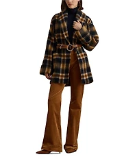 Ralph Ralph Lauren Plaid Wool Blend Shawl Collar Long Sleeve Wrap Coat