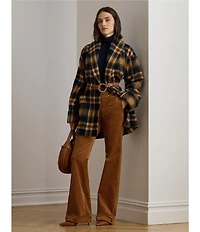 Ralph Ralph Lauren Plaid Wool Blend Shawl Collar Long Sleeve Wrap Coat