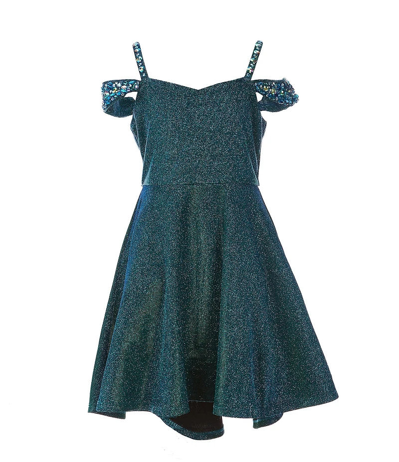 Rare Editions Big Girls Rhinestone Off-The-Shoulder Iridescent Glitter Lurex Hi-Low Dress