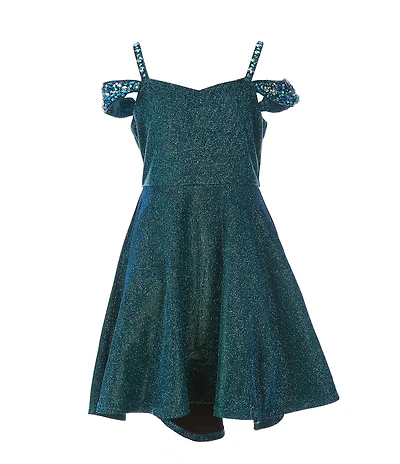 Rare Editions Big Girls Rhinestone Off-The-Shoulder Iridescent Glitter Lurex Hi-Low Dress