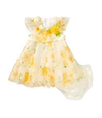 Rare Editions Baby Girls Flutter-Sleeve Floral/Clip-Dot Mesh Fit-And-Flare Dress