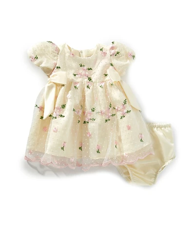 Rare Editions Baby Girls Puffed-Sleeve Dotted/Floral-Embroidered Mesh Fit & Flare Dress