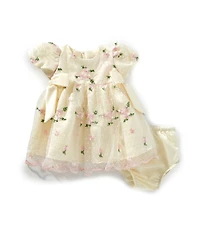 Rare Editions Baby Girls Puffed-Sleeve Dotted/Floral-Embroidered Mesh Fit & Flare Dress
