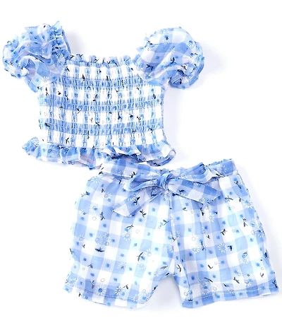 Rare Editions Baby Girls Puffed-Sleeve Gingham-Checked/Daisy-Embroidered Top & Matching Shorts Set