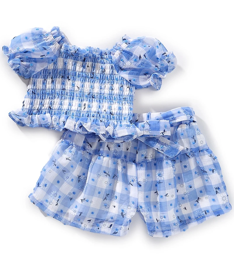 Rare Editions Baby Girls Puffed-Sleeve Gingham-Checked/Daisy-Embroidered Top & Matching Shorts Set
