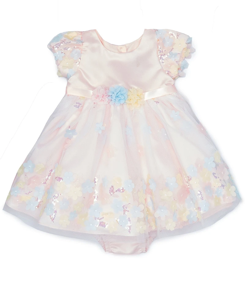 Rare Editions Baby Girls 3-24 Months Puffed Sleeve Iridescent Sequin-Embellished Flower-Appliqued Fit & Flare Dress
