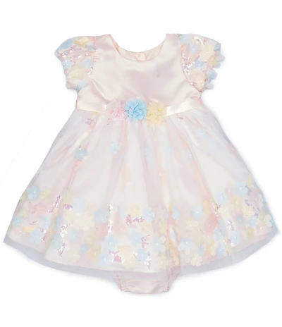 Rare Editions Baby Girls 3-24 Months Puffed Sleeve Iridescent Sequin-Embellished Flower-Appliqued Fit & Flare Dress