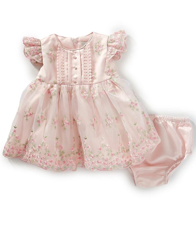 Rare Editions Baby Girls Short Gather Sleeve Embroidered Flower Mesh Dress