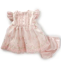 Rare Editions Baby Girls Short Gather Sleeve Embroidered Flower Mesh Dress