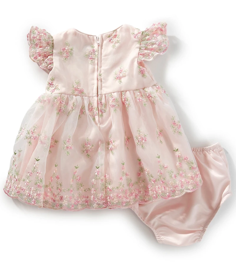 Rare Editions Baby Girls Short Gather Sleeve Embroidered Flower Mesh Dress