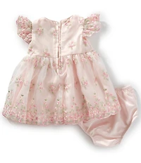 Rare Editions Baby Girls Short Gather Sleeve Embroidered Flower Mesh Dress