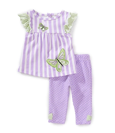 Rare Editions Baby Girls Sleeveless Vertical-Striped Butterfly-Motif Tunic Top & Pindotted Leggings Set
