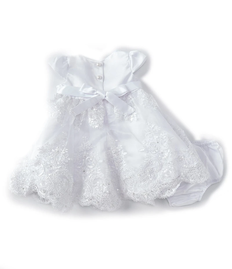 Rare Editions Baby Girls Solid Satin/Embellished Embroidered Skirted Dress, Panty & Flower Headband Set