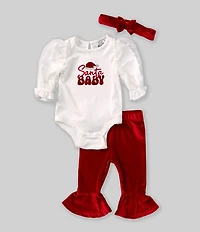 Rare Editions Baby Girls Mesh Sleeve Rib-Knit Santa Baby Bodysuit & Knit Flared-Hem Leggings Set