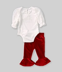 Rare Editions Baby Girls Mesh Sleeve Rib-Knit Santa Baby Bodysuit & Knit Flared-Hem Leggings Set