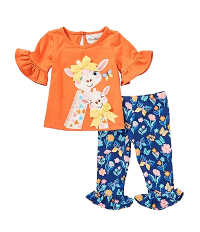 Rare Editions Baby Girls 3/4-Sleeve Giraffe Face Applique T-Shirt & Floral-Printed Leggings Set
